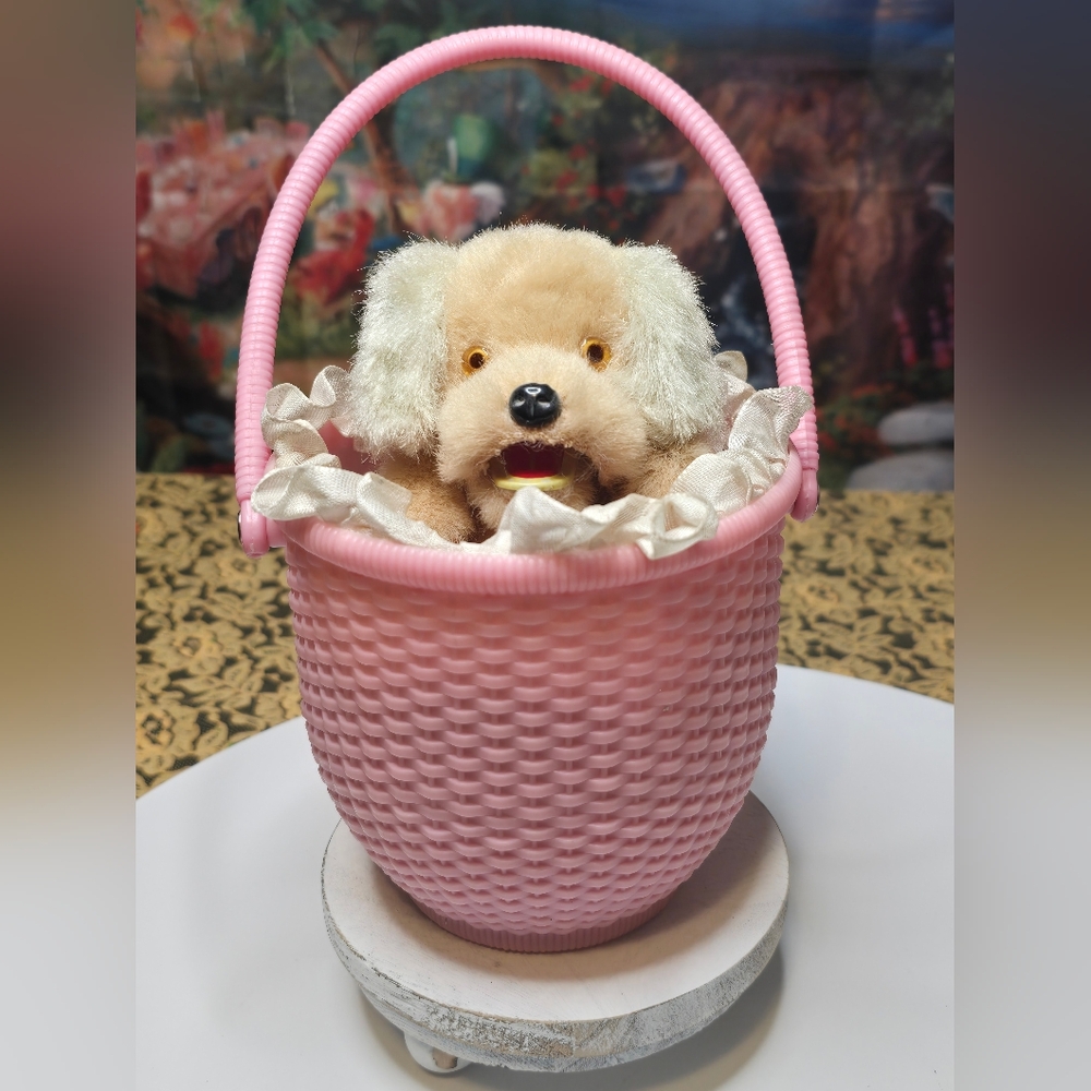 Little Dog in a Basket ALPS Mechanical Toy Wind Up ~Works Great ~ Read Details